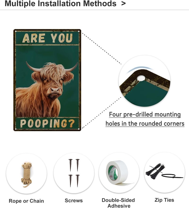ALKB Funny Highland Cow Are You Pooping Metal Signs Vintage Farmhouse Bathroom Wall Decor Highland Cow Lovers Gift 8 x 12 Inch - Image 5